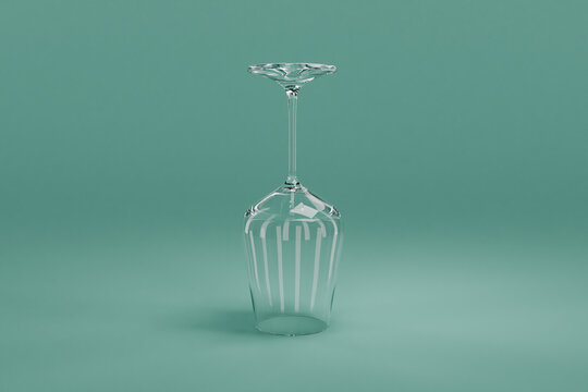 upside down wine glass standing on clean surface isolated on infinite background; 3D rednering