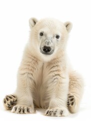 This inquisitive polar bear cub sits upright on a white backdrop, its bright eyes conveying a sense of wonder and curiosity. Animal isolated on white background.