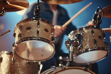Dynamic Close-up of Drummer Playing on Acoustic Drum Set in a Live Music Performance