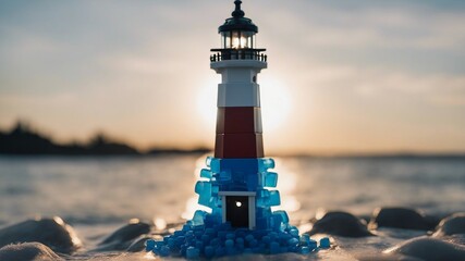 lighthouse at sunset lighthouse is made of Lego bricks   - obrazy, fototapety, plakaty
