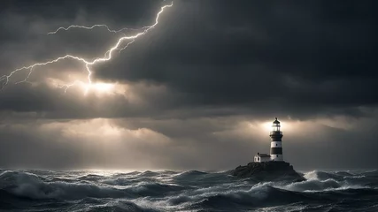 Poster lightning in the mountains Lighthouse gives hope vision and guidance through beam of light into darkness and thick stormy cloud   © Jared