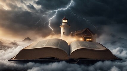   A big storm and lightning on top of the pages of a Bible 