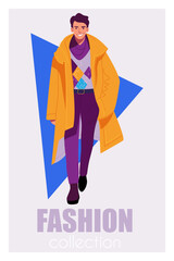 Male model dressed in haute couture clothing on fashion show. Flat vector poster