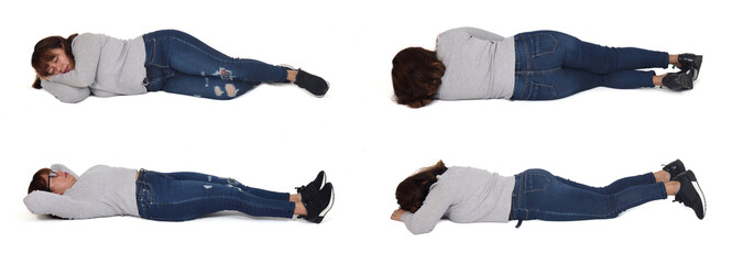various poses of the same woman lying on the floor on white background