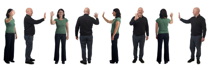 Various poses of the same woman and man waving on white background.