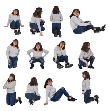 various poses of the same woman kneeling, squatting and sitting on white background