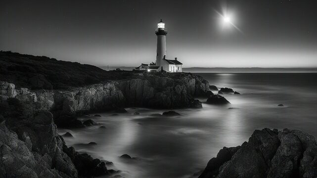 lighthouse at dusk  black and white photo of Romantic lighthouse near Atlantic seaboard shining at night   