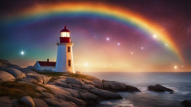lighthouse on the coast highly intricately detailed photograph o Peggy`s Cove Lighthouse   inside a nebula surrounded by huge rainbow 