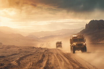 Convoy of Military Vehicles Kicking up Dust on Rugged Desert Terrain at Dusk - obrazy, fototapety, plakaty