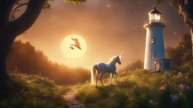 A lighthouse in a fantasy forest, where colorful mushrooms, flowers, and vines grow. with a unicorn and stork delivering a baby 