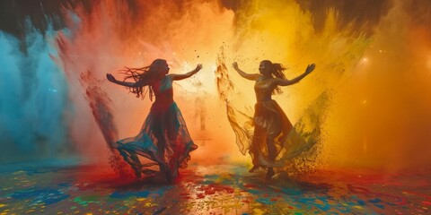 Danceurs that are splashing holi paints, Joyful Woman Celebrating Holi Festival with Colorful Powder on clothes and body. Concept Indian Hindu color festival. Generative ai