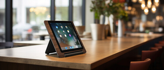 A minimalist tablet stand on a simple desk adds a touch of contemporary elegance. - obrazy, fototapety, plakaty