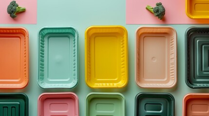Colorful compostable cardboard empty food tray as an environmentally friendly alternative next to a polystyrene container on pink blue background. Eco-friendly company concept. Generative ai - obrazy, fototapety, plakaty