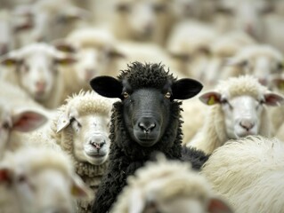 Obraz premium A black sheep stands out among a flock of white sheep.