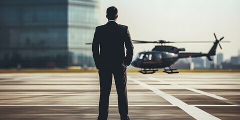 Security professional on helipad vigilant and ready to protect VIP. Concept Security, Professional, Helipad, Vigilant, VIP Protection - obrazy, fototapety, plakaty