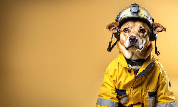 A cute dog in a firefighter's uniform on a yellow background,