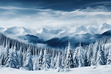 A winter landscape featuring a snow-covered mountain with trees blanketed in snow, creating a serene and picturesque scene