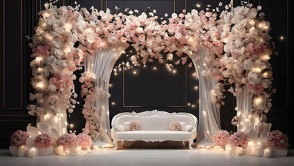 Create wedding invitation cards, a floral backdrop with white flowers with light lights, in the style of dark white and pink, photorealistic renderings, elaborate drapery, scanner photography - obrazy, fototapety, plakaty