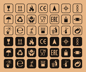 Packaging symbols set. Packaging cargo icon. Caution signs for package: this side up, handle with care, fragile, keep dry, flammable and other symbols. Used on the box or packaging.