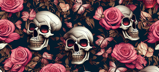 Floral Roses with Skull Heads and Butterflies Wallpaper Background
