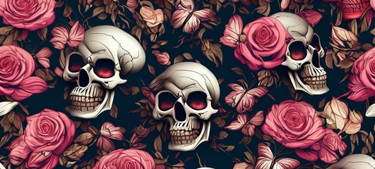 Papier Peint photo autocollant Papillons en grunge Floral Roses with Skull Heads and Butterflies Wallpaper Background