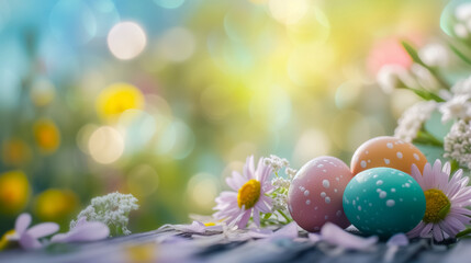Fototapeta na wymiar Easter greeting card with painted Easter eggs on wood with flowers on blurred background. free space