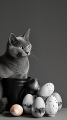 Fototapeta na wymiar A regal Russian Blue cat sitting majestically next to a sophisticated arrangement of monochrome Easter eggs.