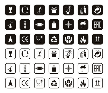 Packaging symbols set. Packaging cargo icon. Caution signs for package: this side up, handle with care, fragile, keep dry, flammable and other symbols. Used on the box or packaging.