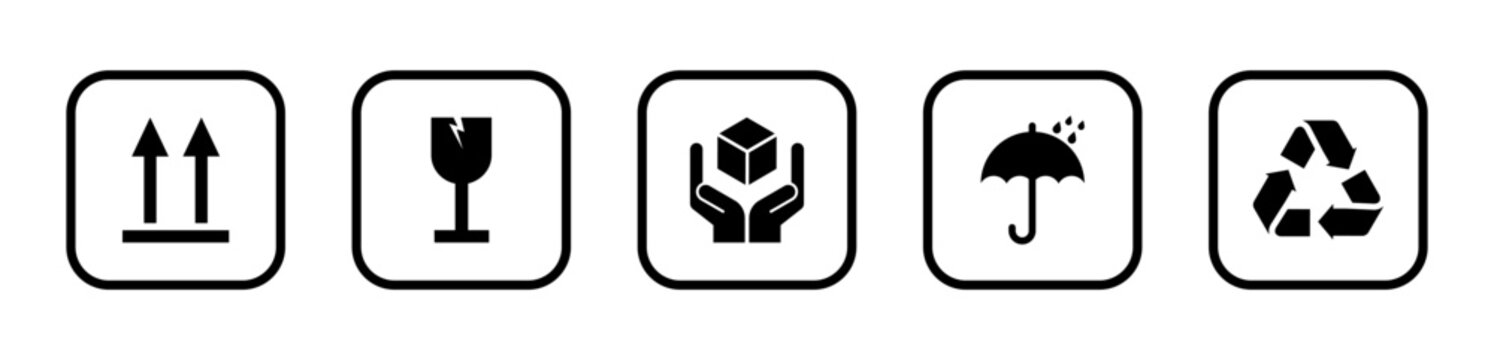 Packaging symbols set. Packaging cargo icon. Caution signs for package: this side up, handle with care, fragile, keep dry and other symbols. Used on the box or packaging.