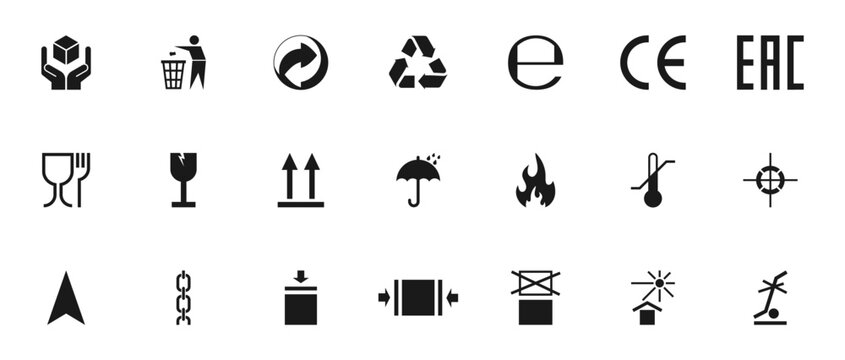 Packaging symbols set. Packaging cargo icon. Caution signs for package: this side up, handle with care, fragile, keep dry, flammable and other symbols. Used on the box or packaging.