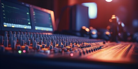 Inside a professional recording studio the control room buzzes with musical creativity. Concept Music Production, Recording Studio, Control Room, Creativity, Professional Setting