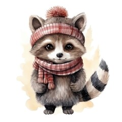 Beautiful cute watercolor illustration of a racoon in a knitted hat and scarf for a children's book isolated