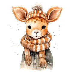 Beautiful cute watercolor illustration of a giraffe in a fox hat and scarf for a children's book isolated