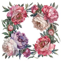 Beautiful frame for wedding invitation, watercolor, peonies flowers, isolated