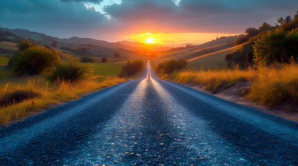 Beautiful rural asphalt road scenery at sunset - obrazy, fototapety, plakaty