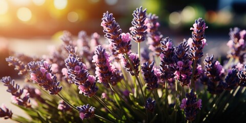 A bunch of blooming lavender flowers in vibrant purple hues, with delicate petals and green stems - obrazy, fototapety, plakaty