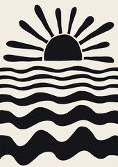 abstract summer landscape, sea, sun, waves. Paradise vacation in nature, the ocean in a minimalist retro style. hand drawn poster, banner, background. for print, wall art. art vector illustration.