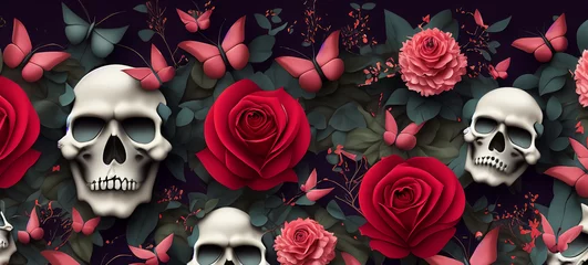 Foto op Plexiglas Grunge vlinders Floral Roses with Skull Heads and Butterflies Wallpaper Background