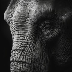 Fototapeta premium A close-up of a wise and elderly elephant, emphasizing the wrinkles and textures of its skin, symbolizing strength and wisdom. 