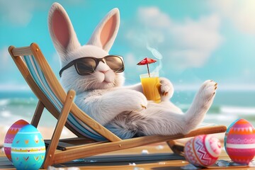 Easter bunny with sunglasses drink cocktail sitting on deckchair with colorful easter eggs on sand beach, easter holidays with summer vacation, rabbit and easter on summer sand beach, generative ai - obrazy, fototapety, plakaty