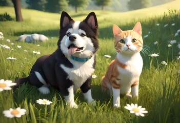 Naklejka na ściany i meble dog and cat on the meadow in nature. Ai generated