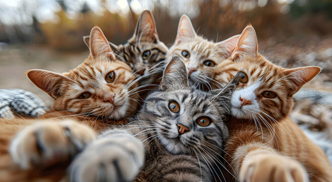 A group of cats taking selfies.