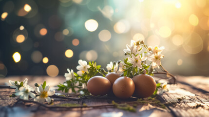 Easter card with pastel colors Easter eggs on wood with flowers on blurred background. free space
