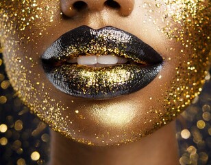 Close up of modern make up with gold lipstick, party make up, make up ideas for new years eve