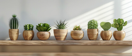 wooden pots with cacti standing on a wooden ledge - obrazy, fototapety, plakaty