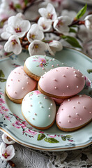 Obraz na płótnie Canvas Pastel colored egg shaped cookies on a floral plate.
