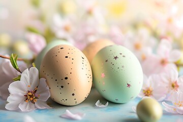 Obraz na płótnie Canvas A soft-focus Easter background with pastel-colored eggs and delicate spring flowers, perfect for highlighting a central product.