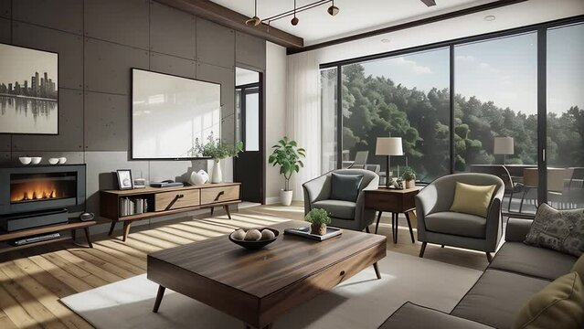 Stylish living room in modern house with grey coaches and beautiful view from window.