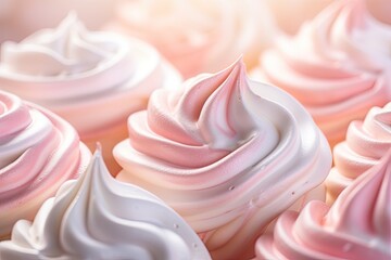 White Pink Meringue Cookies Closeup, Traditional Whisk Merengues, Baked Whisking Cream or Beze