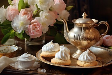 White Pink Meringue Cookies, Tea Cup and Flowers, Traditional Whisk Merengues, Baked Whisking Cream - obrazy, fototapety, plakaty